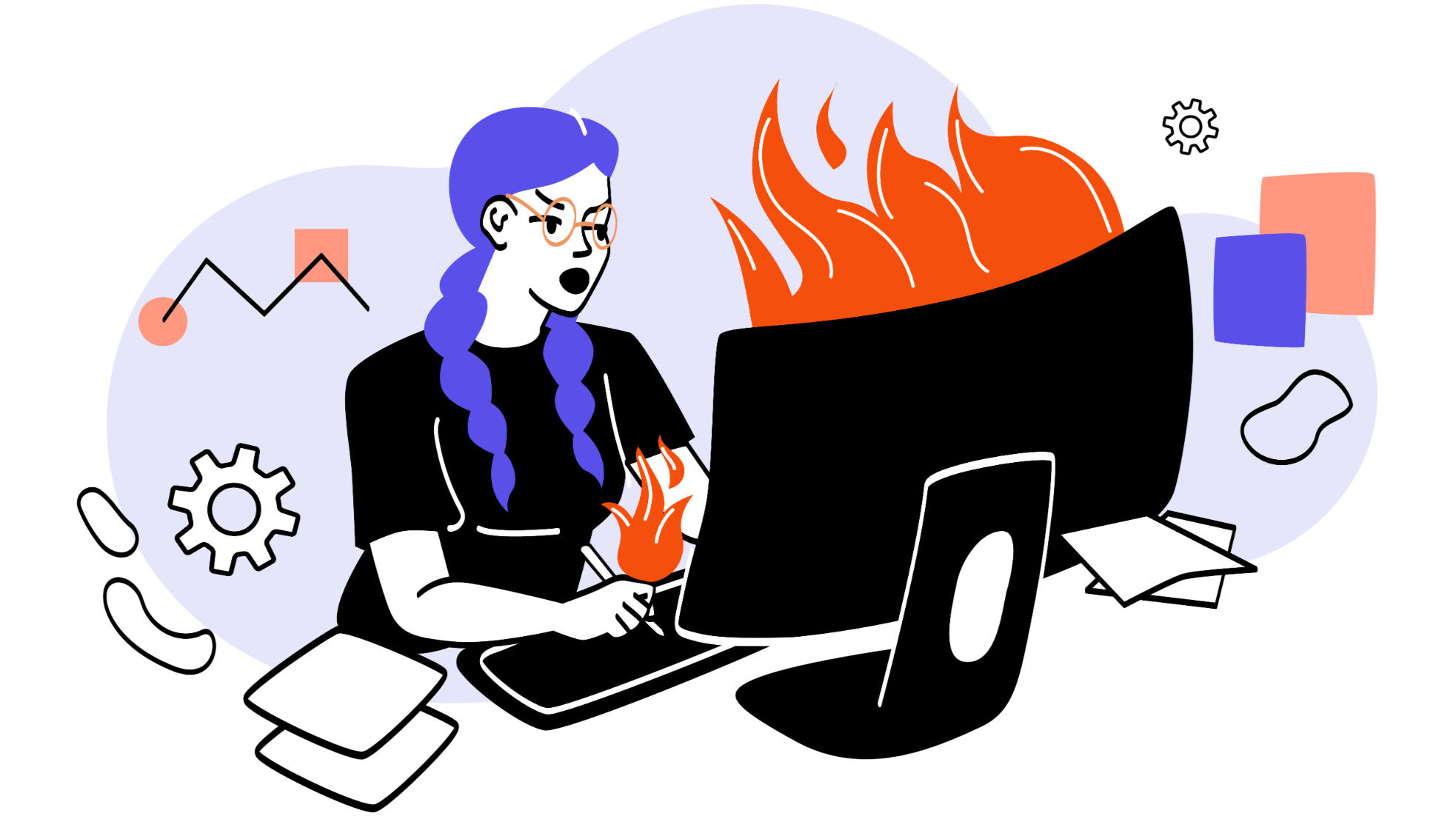 Woman at burning computer illustration