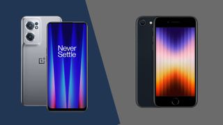 Un OnePlus Nord 2 sobre fondo azul y un iPhone SE (2022) sobre fondo gris