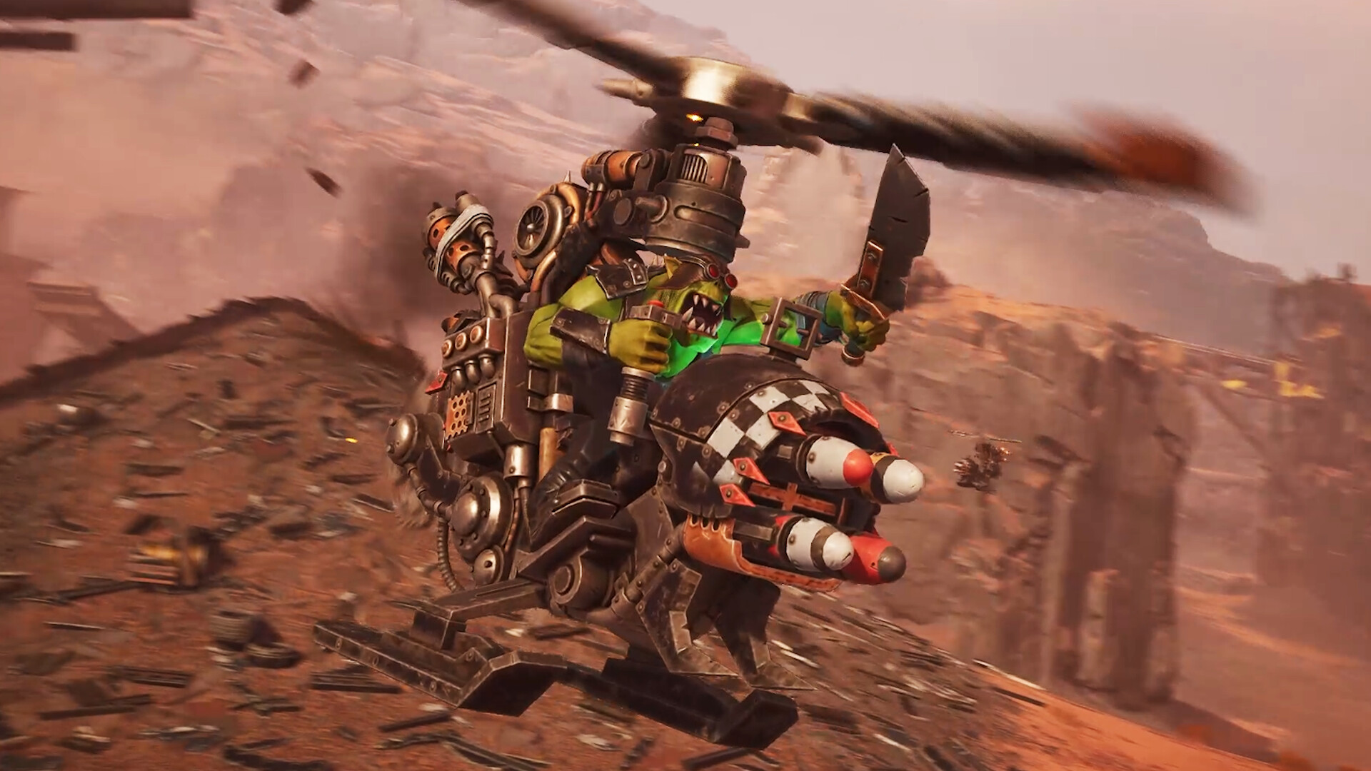 In Warhammer 40,000: Speed Freeks, a goblin-like creature races on a bike with helicopter wings