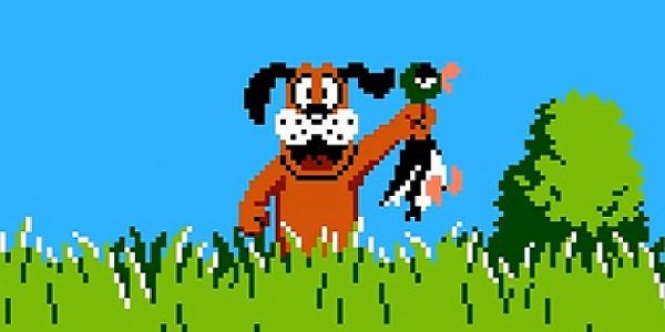 happy Duck Hunt dog holding duck