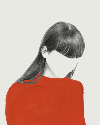 Pale grey background, a faceless girl with long straight black hair with a fringe, red top, looking down