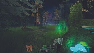 Fantasy FPS boomer shooter Coven being played showing a witch walking through a dark, damp woodland setting.