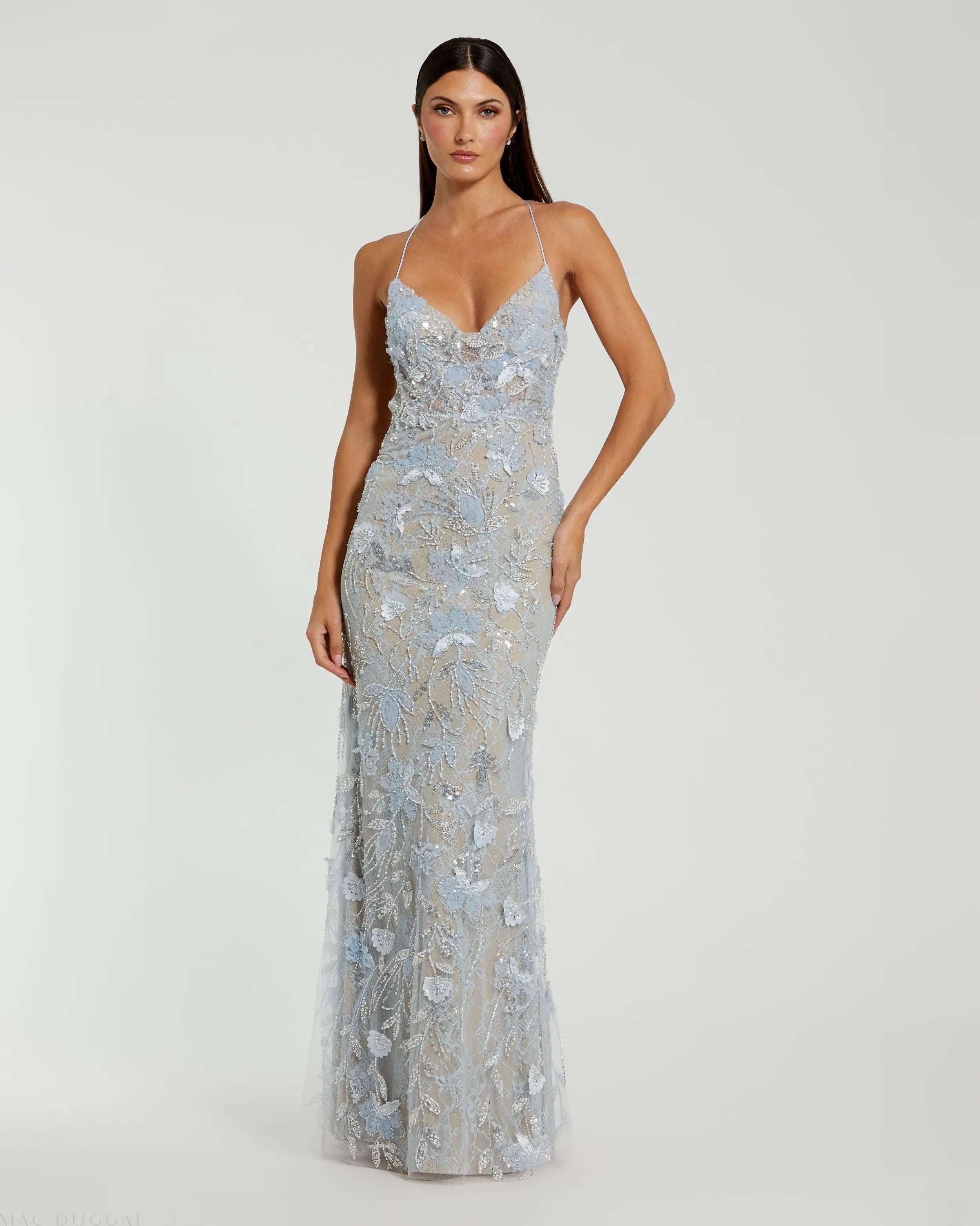 Blue Embroidered Sleeveless Backless Column Gown