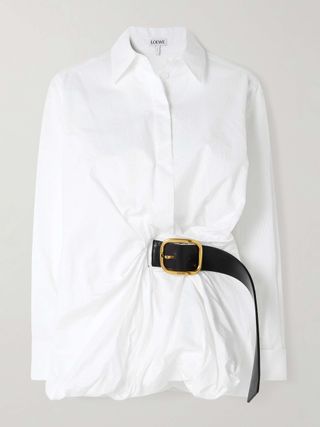 Belted Leather-Trimmed Gathered Ribbed Cotton Shirt