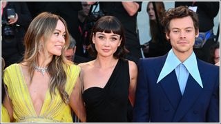 Olivia Wilde, Sydney Chandler and Harry Styles attend the "Don't Worry Darling" red carpet at the 79th Venice International Film Festival on September 05, 2022 in Venice, Italy