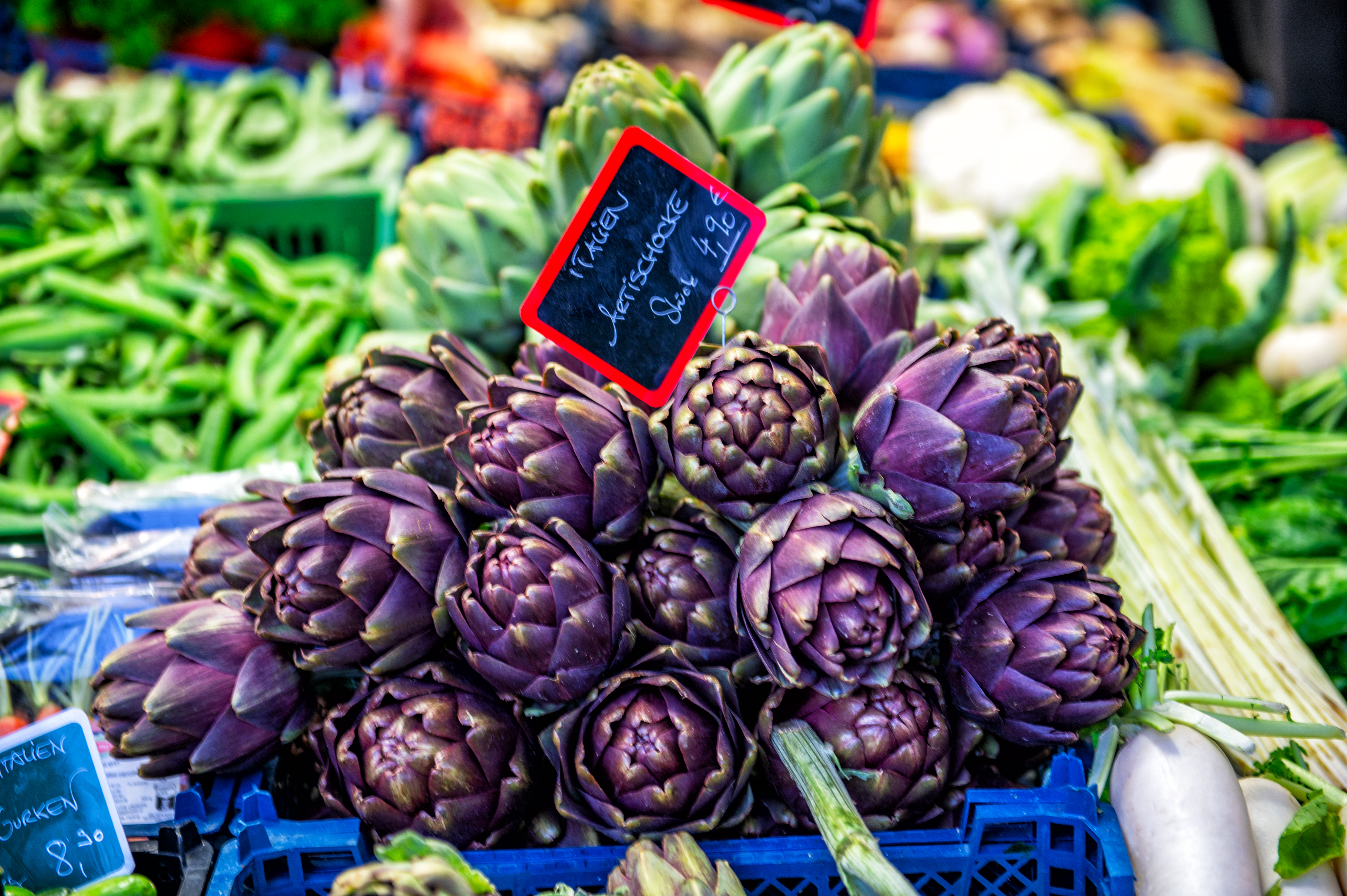 Bright purple artichokes for sale at Viktualienmarkt