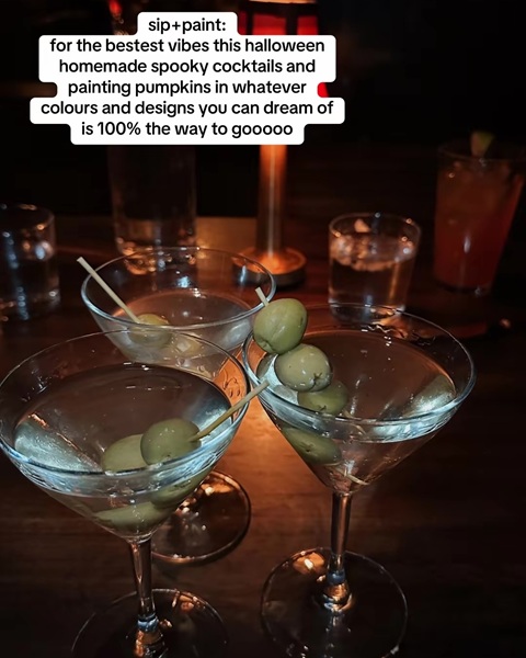 Martinis with the text about hosting a sip + paint with spooky cocktails and pumpkin painting