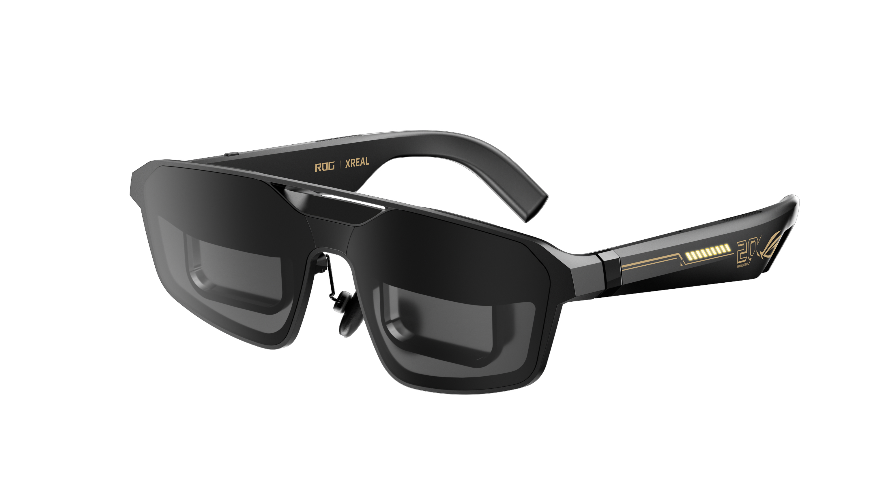 Perspective view of black ROG XREAL R1 AR glasses featuring dark tinted lenses, custom frames, and gold 20th anniversary branding on the side arm.