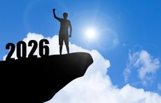 Man Silhouette Standing Cliff Edge Raising One Hand Next 2026 Number.