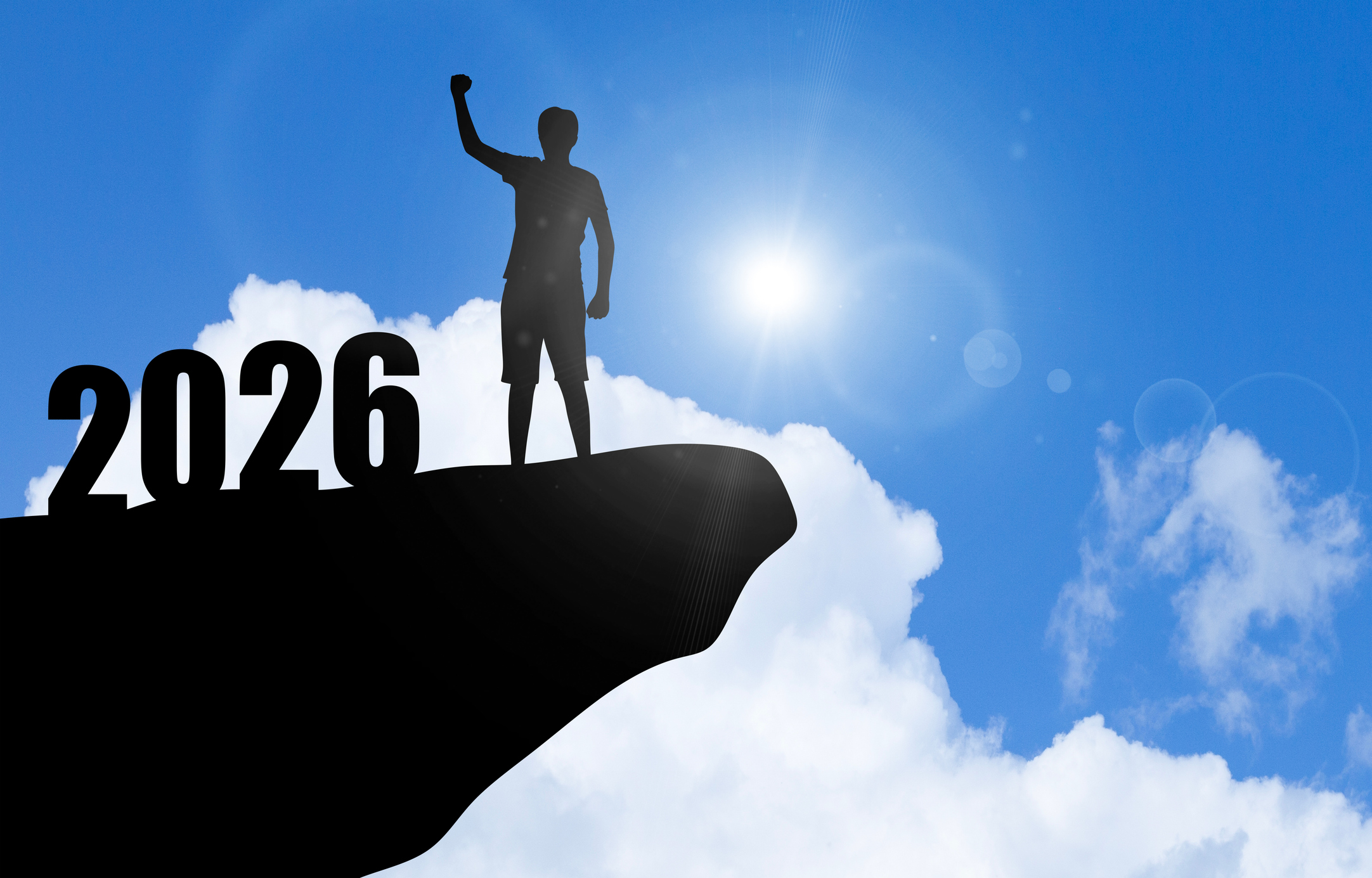 Man Silhouette Standing Cliff Edge Raising One Hand Next 2026 Number.