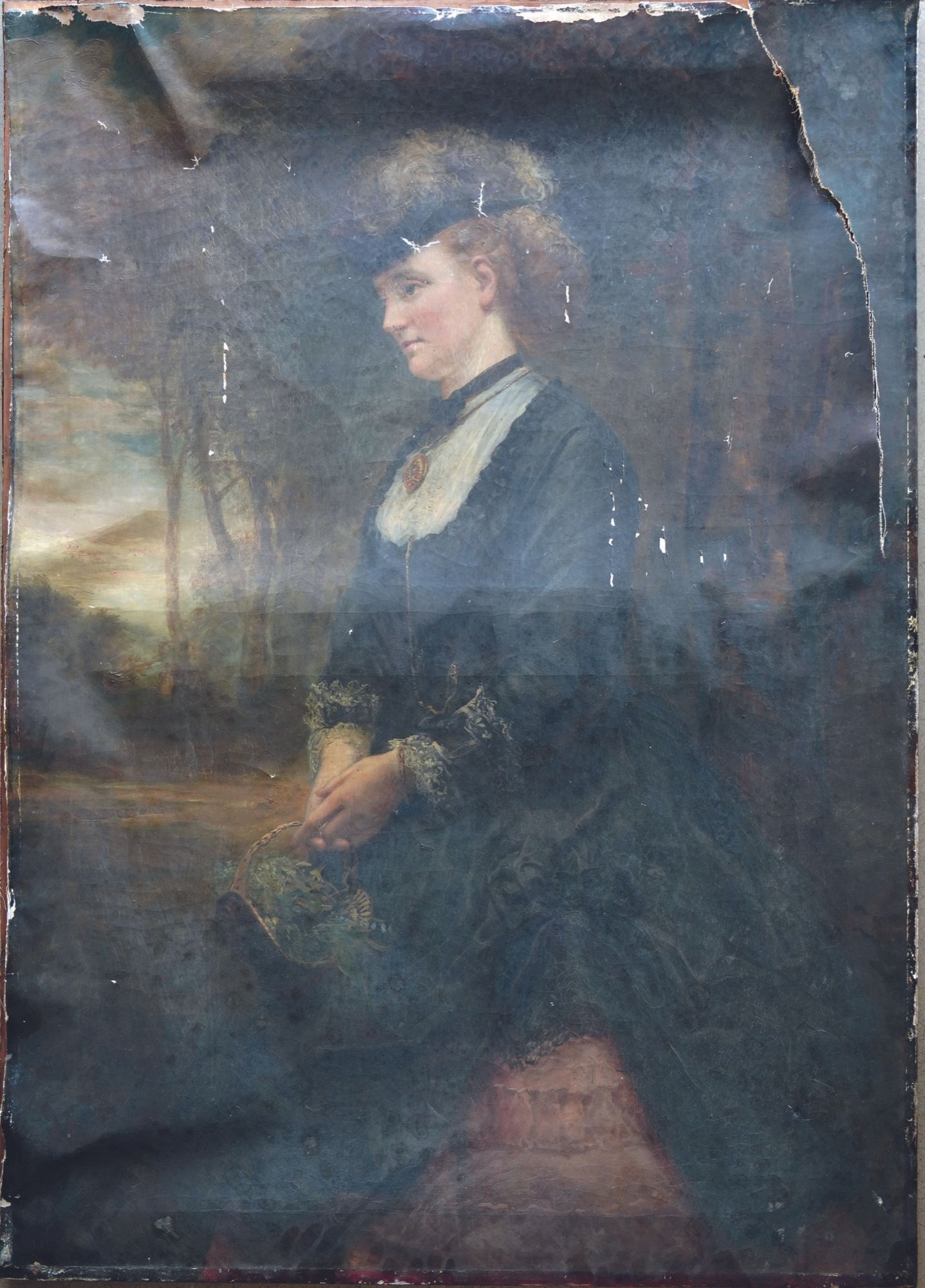 The original painting of a Victorian woman in a dress, which was damaged.