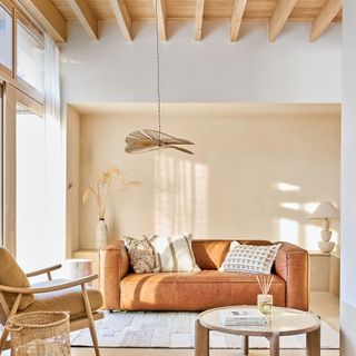 Neutral living room with leather sofa and wooden coffee table