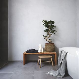 bathroom with wooden table and plant