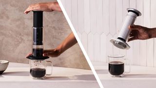 AeroPress Premium in black and white, being used to make coffee