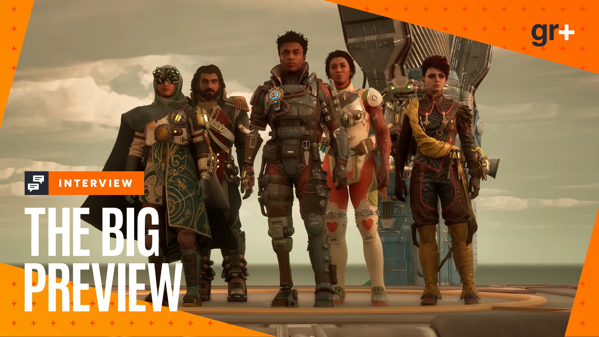 The Outer Worlds 2 screenshot showing the group of companions we'll be adventuring with, surrounded the by the GamesRadar+ Big Preview banner, with an interview logo