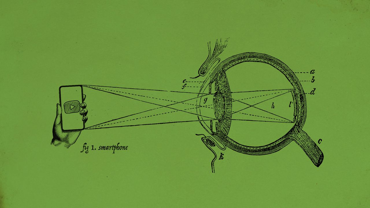 An illustration picturing a diagram of the human eye. In the cone of vision, there is a hand holding a smartphone with the YouTube Kids logo on it, all rendered in the style of a vintage engraving.