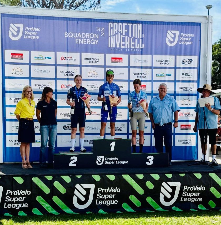 The podium of the Mt Mitchell to Inverell, the fifth round of the ProVelo Super League 2025 – Gina Ricardo (Praties) in first, Rachael Wales (Butterfields Ziptrak) and Rhylee Akeroyd (Meridian Blue Cycling p/b 99 Bikes)