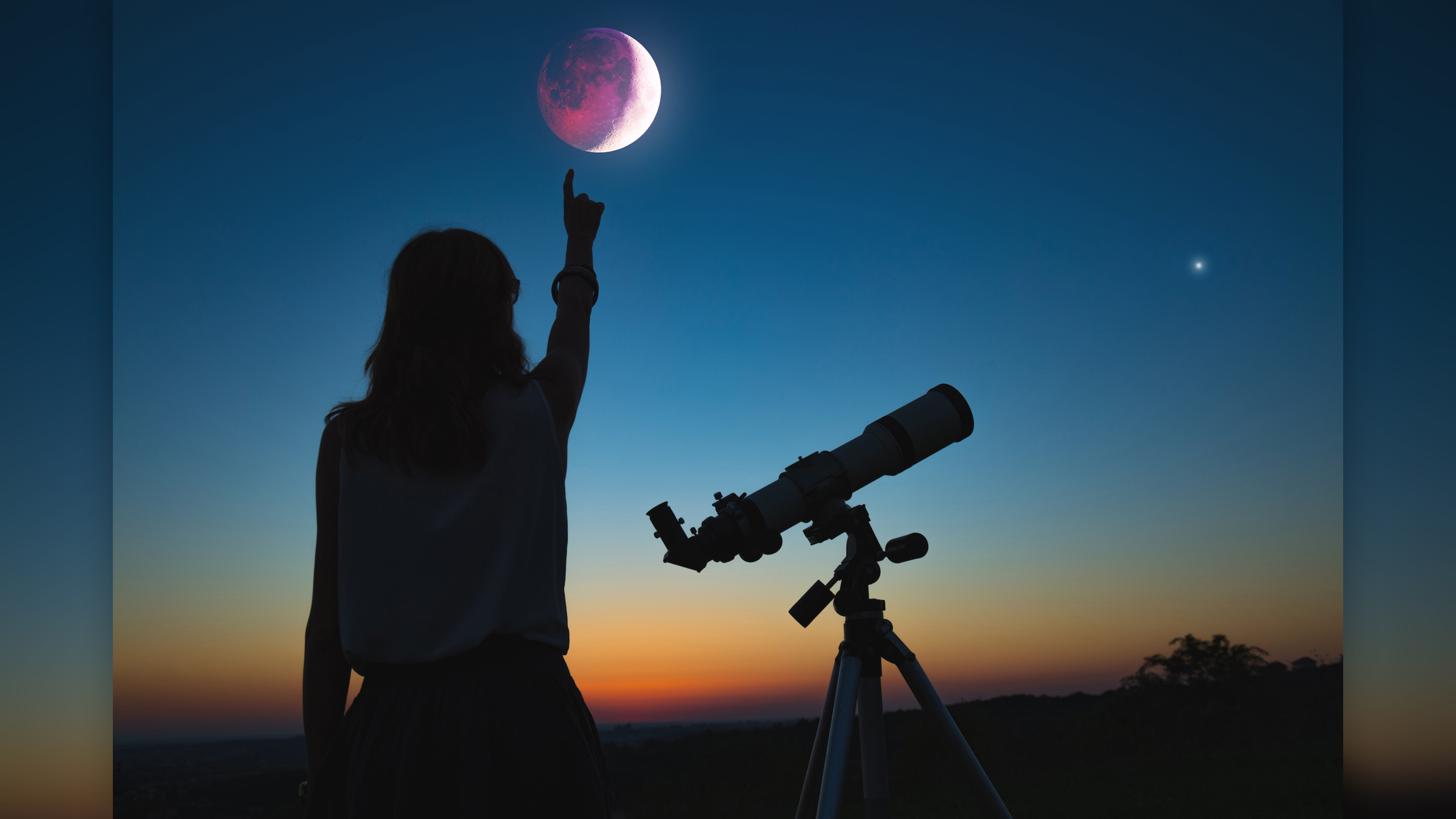 A girl with a telescope observes a lunar eclipse at dawn.