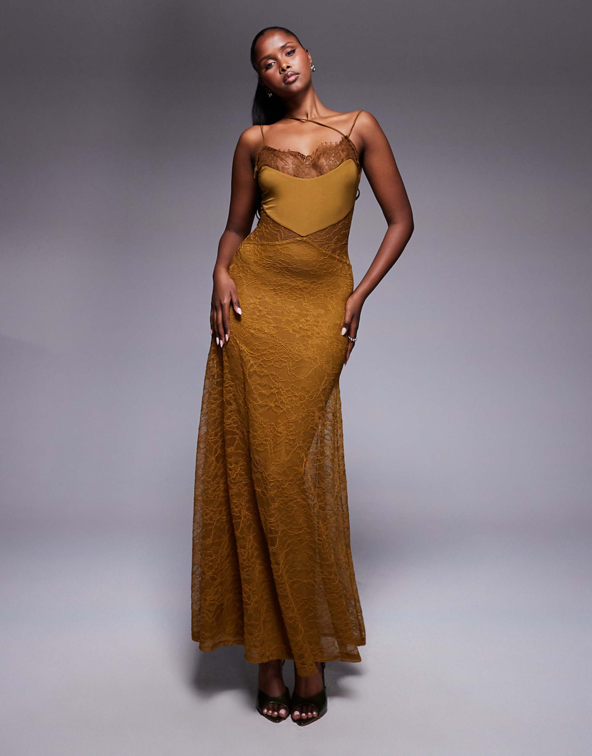 Asos Design Lace Maxi Dress With Asymmetric Strapping in Bronze