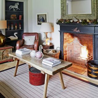 living area with fire place and open shelves