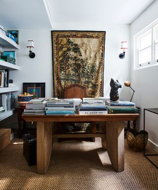 Home office with large mural behind desk