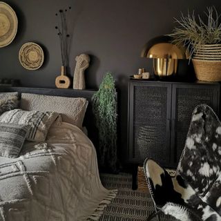 A bohemian bedroom painted Nevermore by Valspar