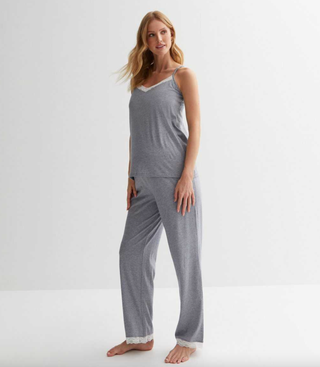 Maternity Grey Pregnant woman wearing grey Cami Pyjama Set with Lace Trim
