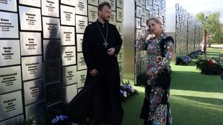 Sophie, Duchess of Edinburgh visits the memorial to the victims of the Russian occupation in the town of Bucha on April 29, 2024