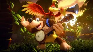 A bear plays a banjo energetically, while a red bird perched on its back sings into a blue horn. They're in a lush forest at sunset, creating a lively atmosphere.