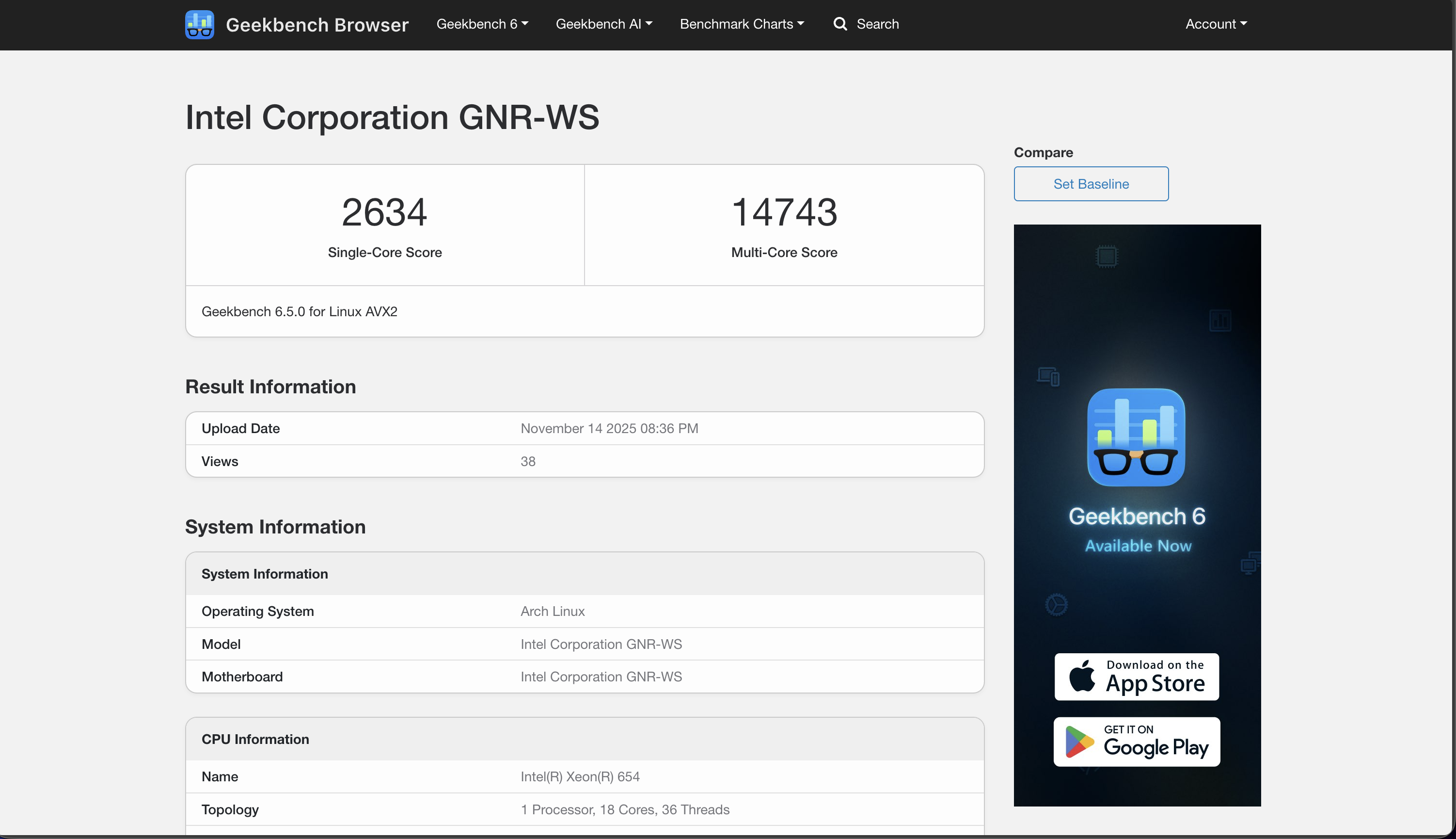Intel Xeon 654 &quot;Granite Rapids-WS&quot; GeekBench scores
