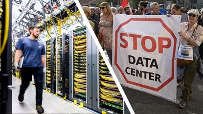 A man walking inside a data center next to a protest against AI data centers