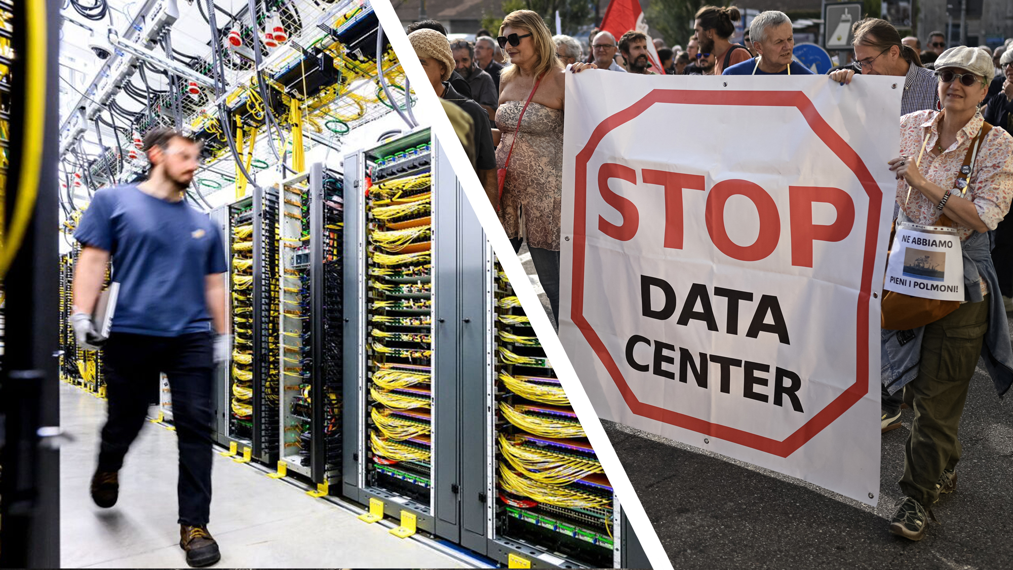 A man walking inside a data center next to a protest against AI data centers