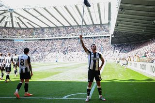 Bruno Guimaraes of Newcastle United (39) celebrates after scoring Newcastle's second goal during the Premier League match between Newcastle United FC and Chelsea FC at St James' Park on May 11, 2025 in Newcastle upon Tyne, England.