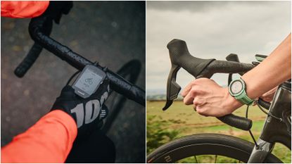 Image shows one rider using a cycling computer, and another rider using a smartwatch