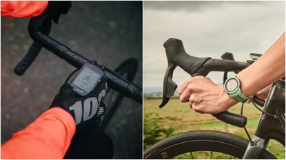 rider using a cycling computer, and another rider using a smartwatch orthopetalia.gr podilato