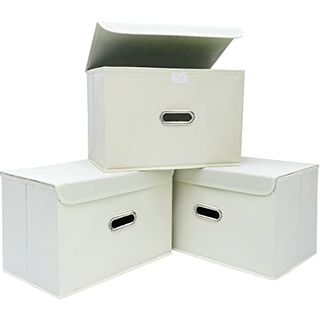 Three stacks Linen Fabric Foldable Collapsible Storage Cube Bins with lids and cut out handles