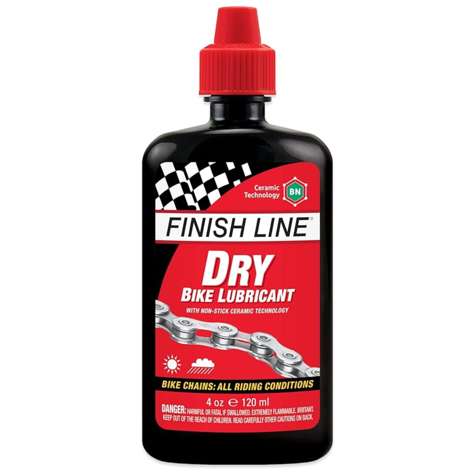 A black bottle of dry bike lubricant with a red label and red lid