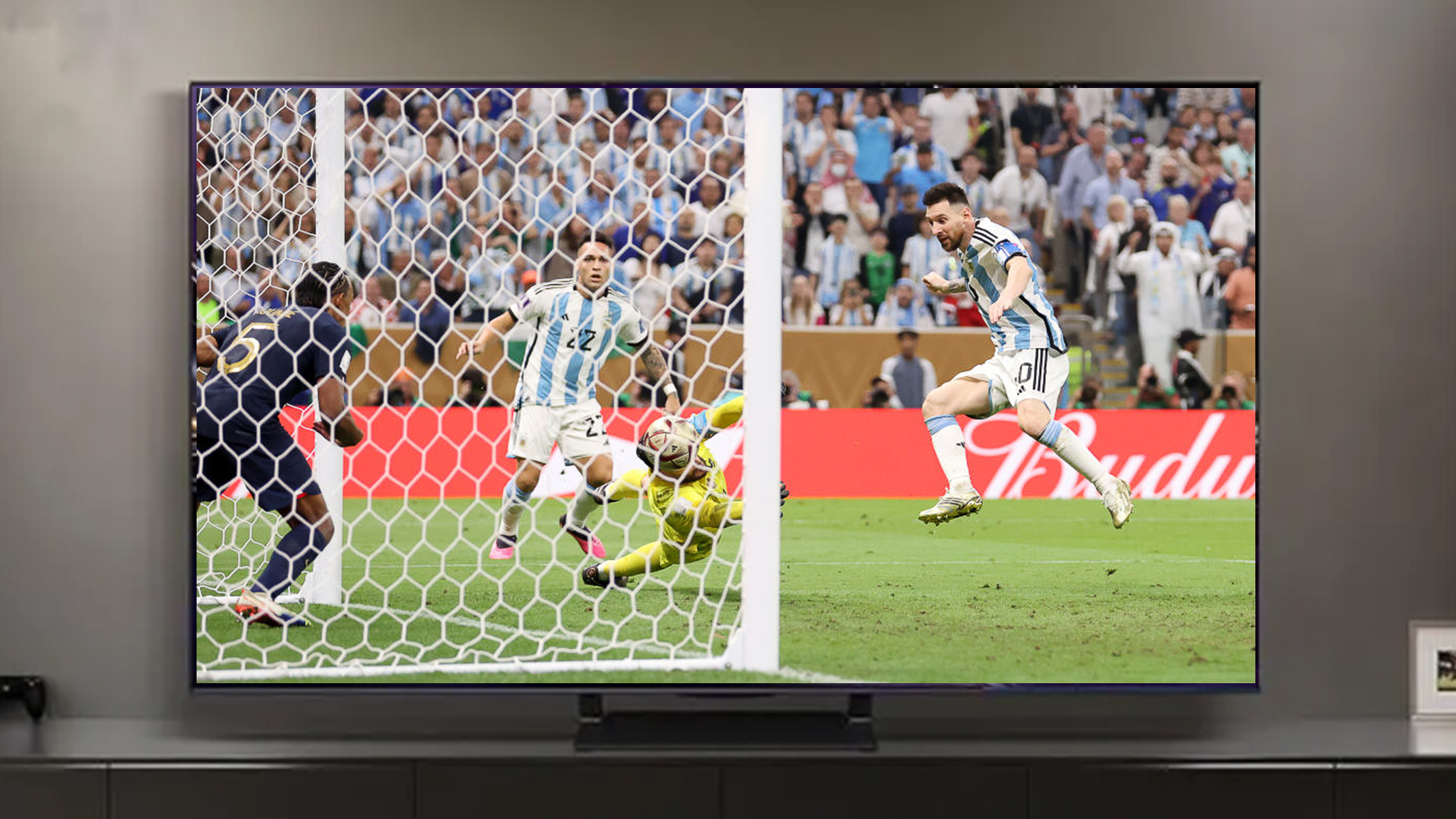 Lionel Messi scoring in the 2022 world cup final vs France
