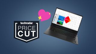 HP Omen 17t on a blue background with a TechRadar badge saying "price cut" also a pink heart with sparkles