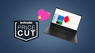 HP Omen 17t on a blue background with a techradar badge saying "price cut" also a pink heart with sparkles