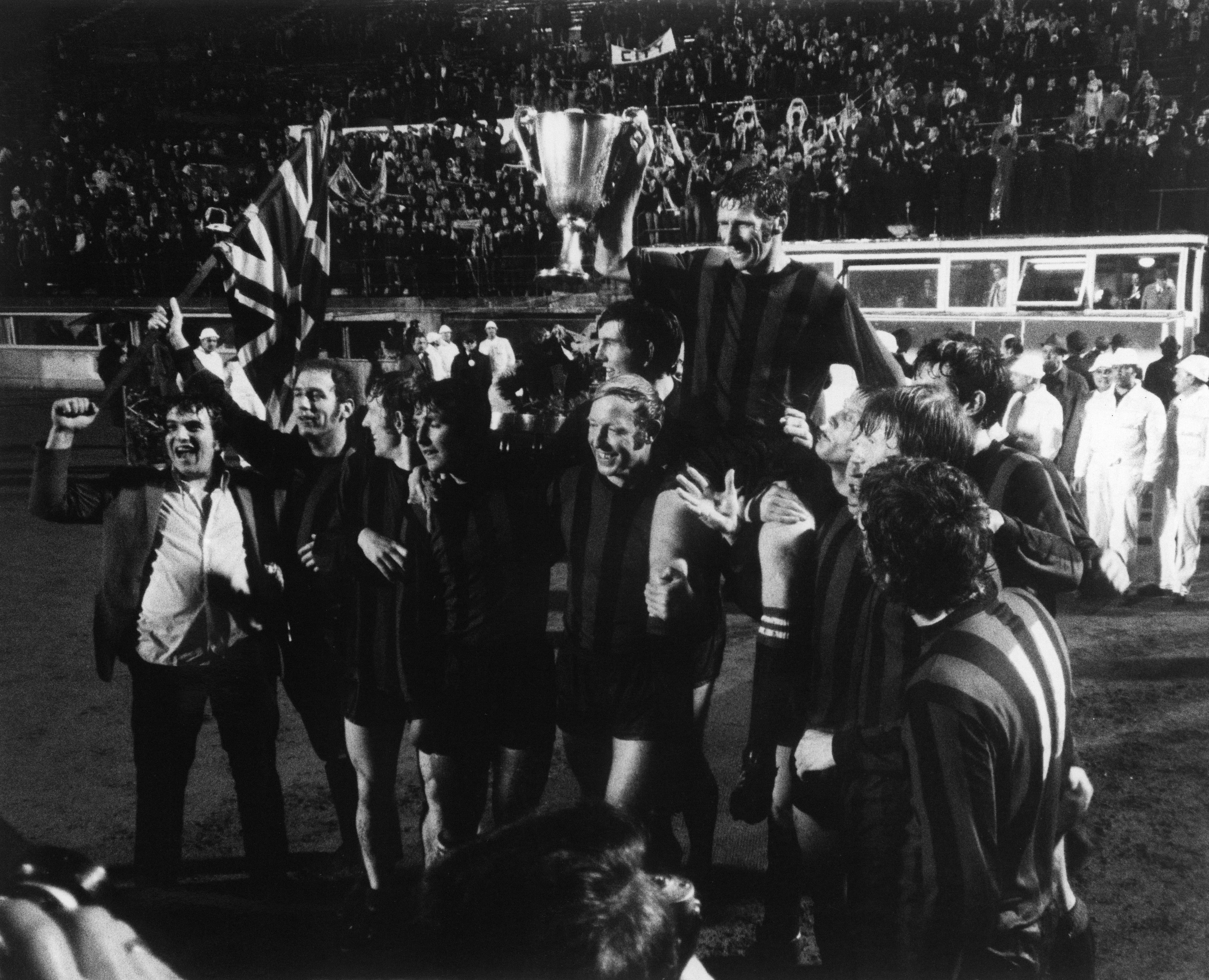 Manchester City celebrate victory over Polish side Gornik Zabrze in the 1970 European Cup Winners' Cup final in Vienna.