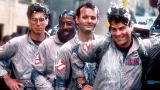 (L to R) Ernie Hudson, Harold Ramis, Bill Murray and Dan Aykroyd in "Ghostbusters"