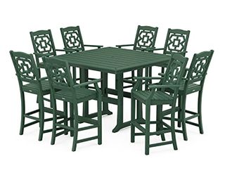 Martha Stewart Pws1616-1-Gr Chinoiserie 9-Piece Square Trestle Legs Bar Set, Green