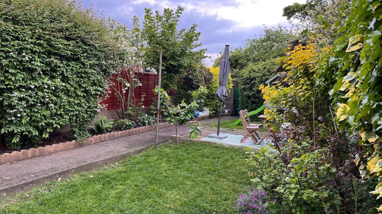 A photo of a long and narrow back garden with a concrete path running down one side