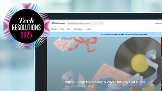 The Bandcamp home page on a laptop. Badge reads: Tech resolutions 2025