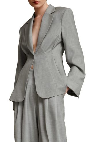 Pleated Wool Blend One-Button Blazer