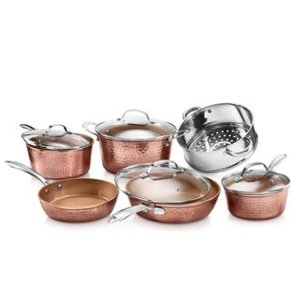 Gotham Steel Hammered Copper 10 Piece Nonstick Cookware Set, Stay Cool Handles, Oven & Dishwasher Safe