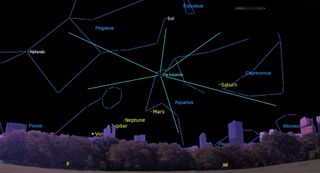This sky map from Starry Night shows where to look in the southeastern sky to see the Eta Aquarid meteor shower of 2022.