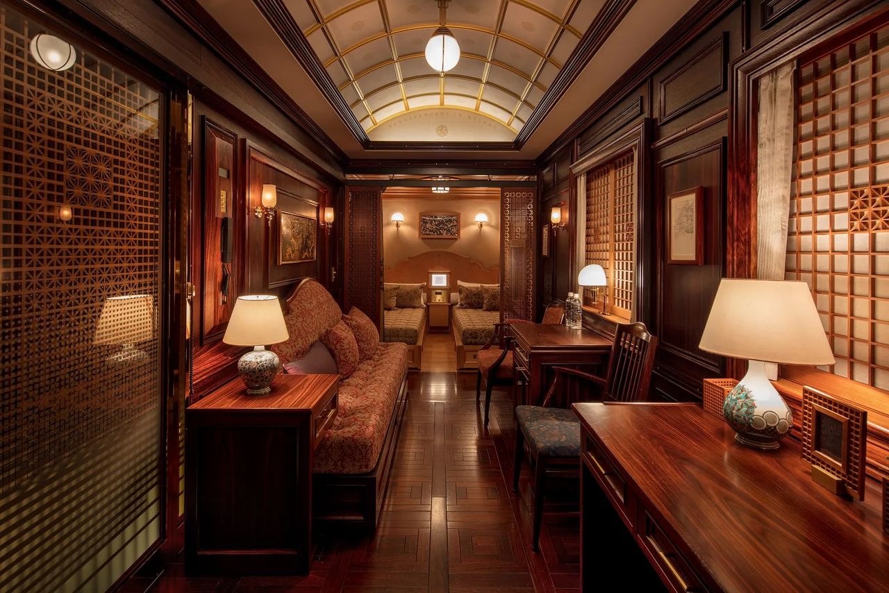 A stuck-in-time sleeper train features interiors blending Art Deco and Japanese minimalism.
