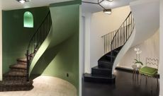 before and after of the same staircase in a renovated apartment